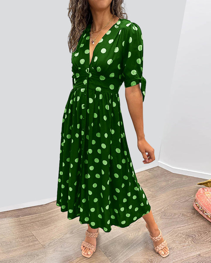 Fauve- Chic Dress with V-neck and dots