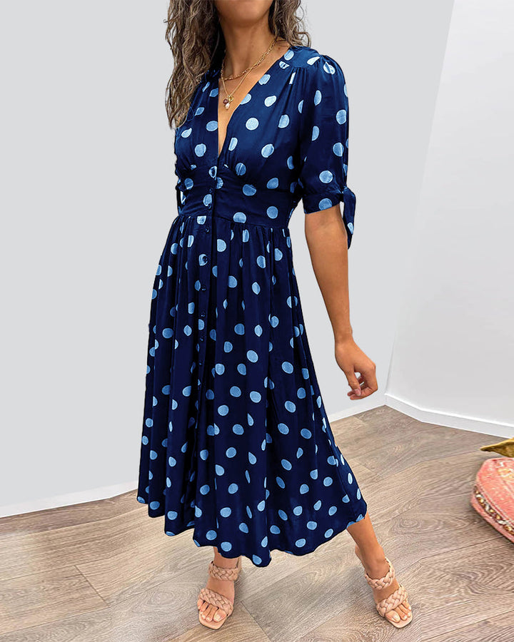 Fauve- Chic Dress with V-neck and dots
