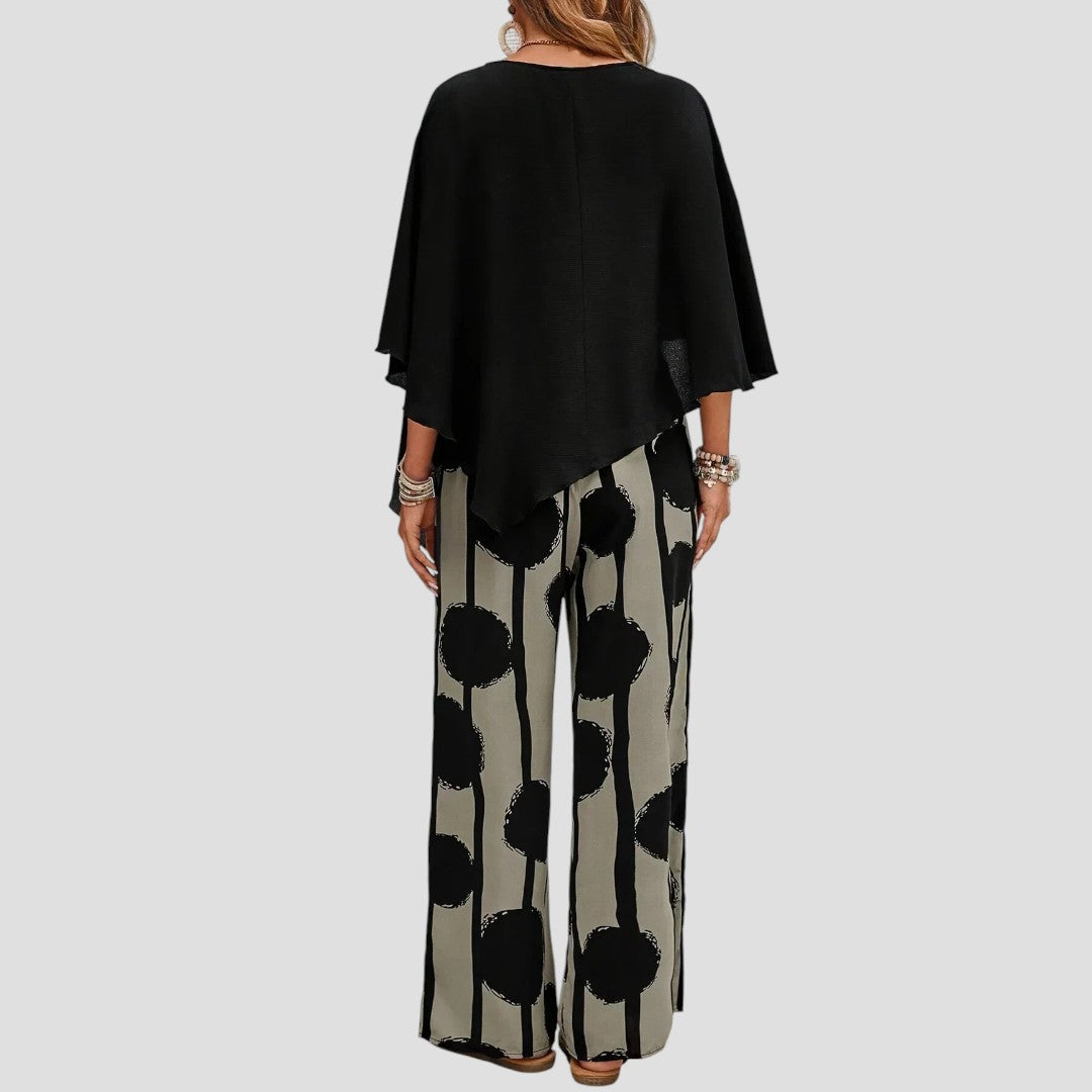 Lacey - Asymmetrical top and neutral printed trousers