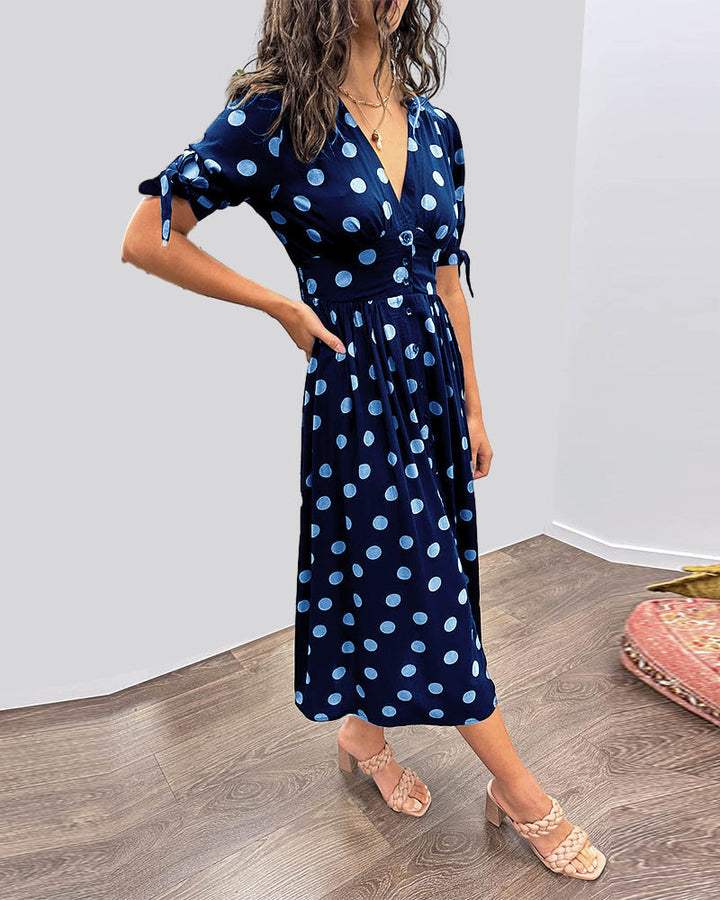 Fauve- Chic Dress with V-neck and dots