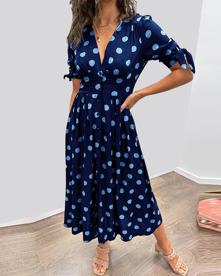Fauve- Chic Dress with V-neck and dots