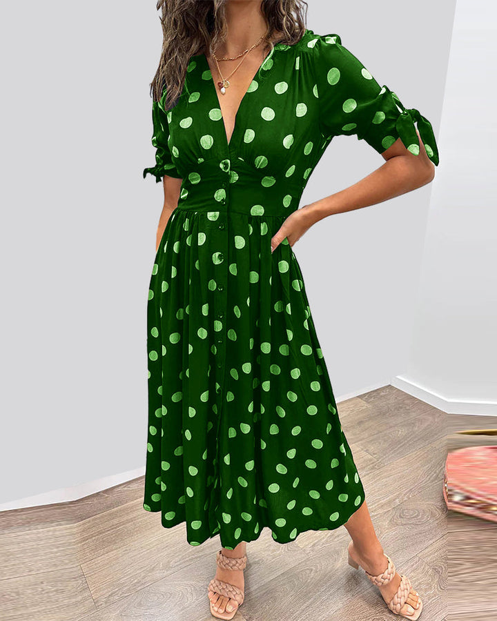 Fauve- Chic Dress with V-neck and dots