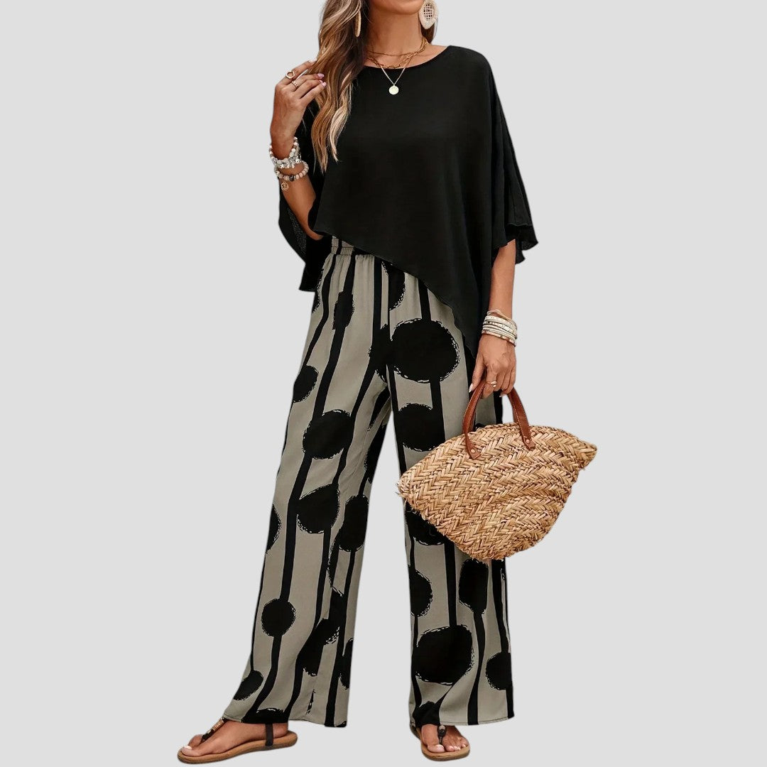 Lacey - Asymmetrical top and neutral printed trousers