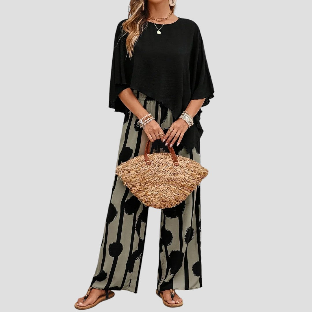 Lacey - Asymmetrical top and neutral printed trousers