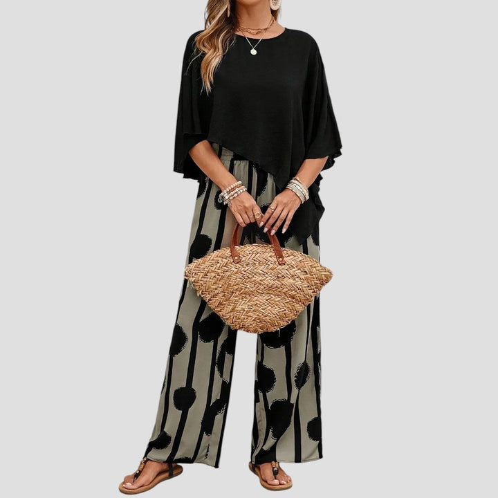 Lacey - Asymmetrical top and neutral printed trousers