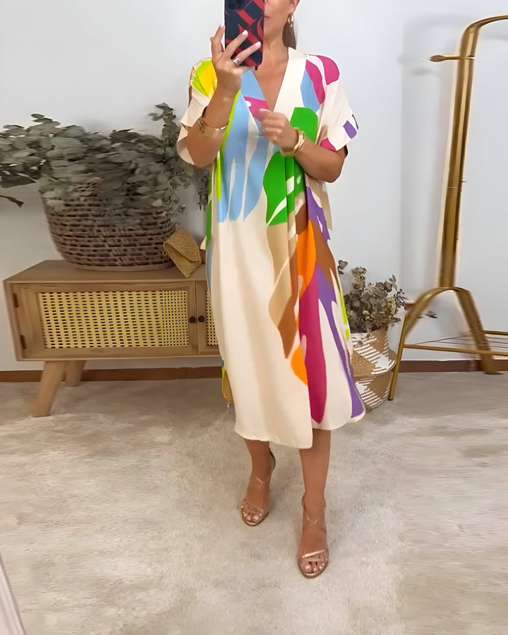 Roos - Casual Dress with Colorful Leaf Print