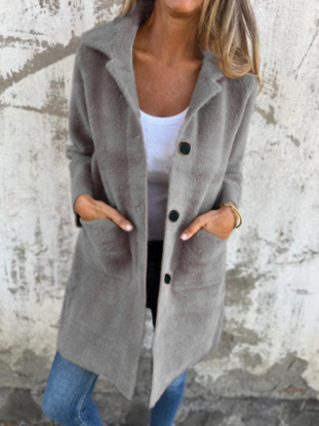 Rionna – Long Sleeve Coat with Pockets