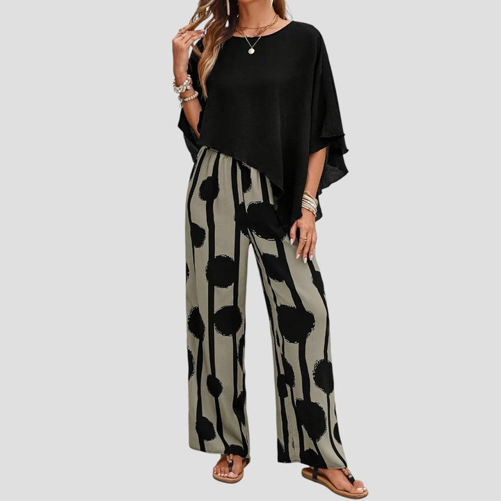 Lacey - Asymmetrical top and neutral printed trousers