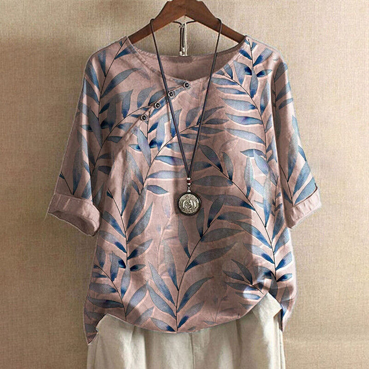 Claudine – Leaf Print Button Detail Blouse