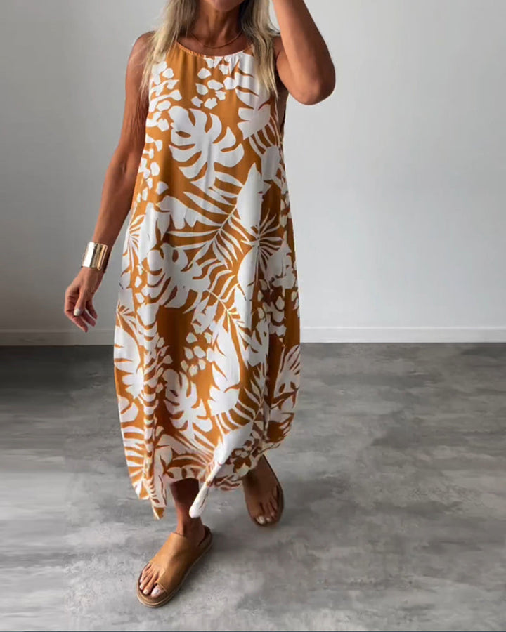 Lucy- Elegant Sleeveless Dress with Leaf Print