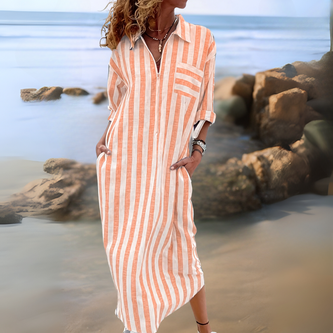 Joyce – Chic Cotton Dress with Stripes and V-Neckline