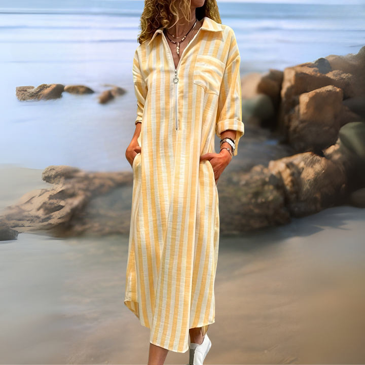 Joyce – Chic Cotton Dress with Stripes and V-Neckline
