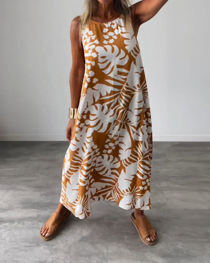 Lucy- Elegant Sleeveless Dress with Leaf Print
