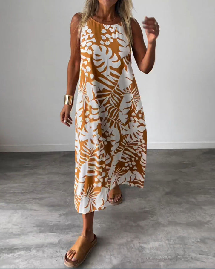 Lucy- Elegant Sleeveless Dress with Leaf Print