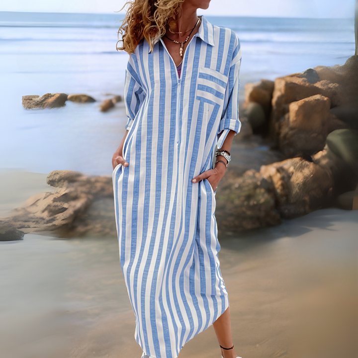 Joyce – Chic Cotton Dress with Stripes and V-Neckline