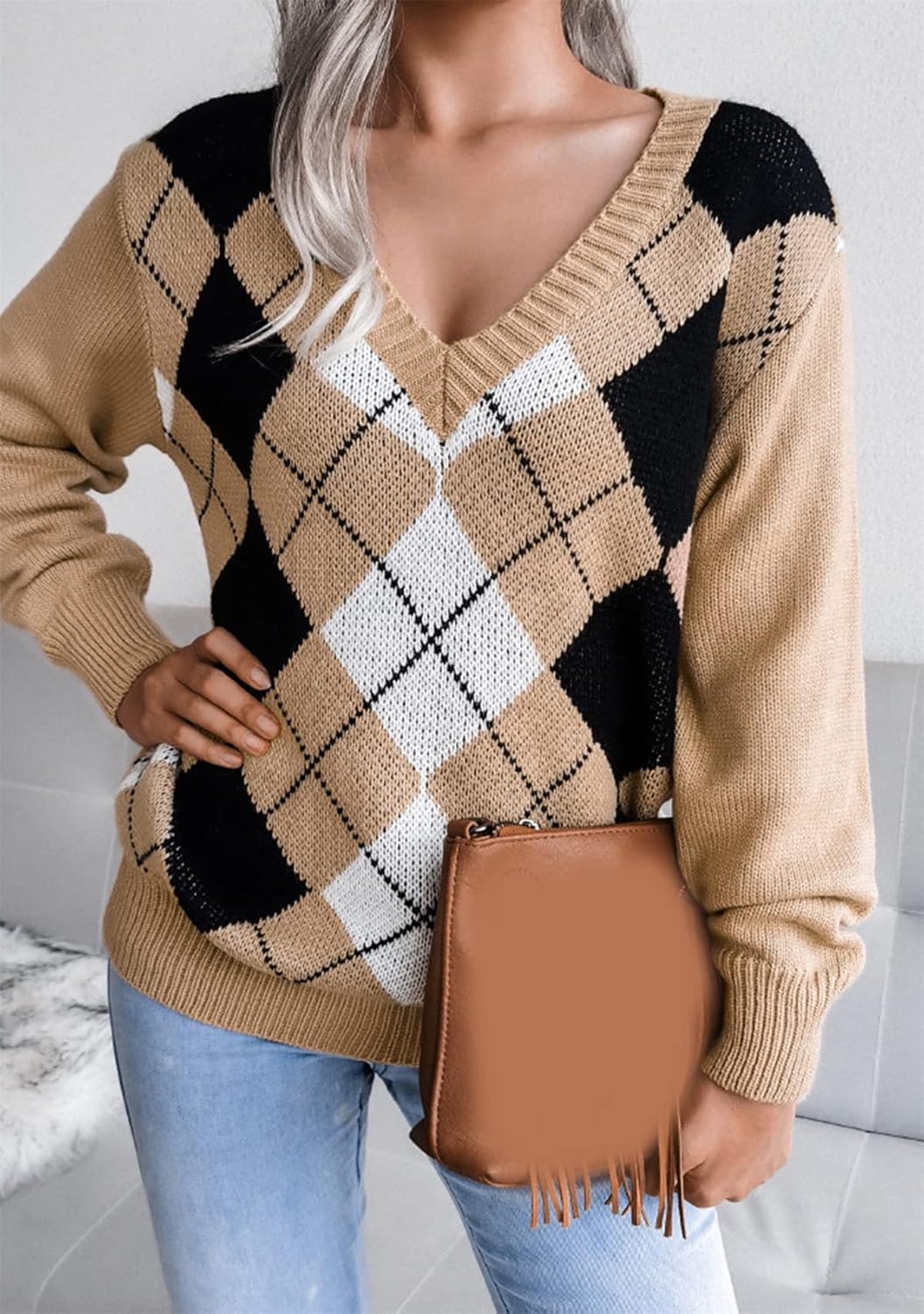 Valerie - Argyle V-Neck Sweater