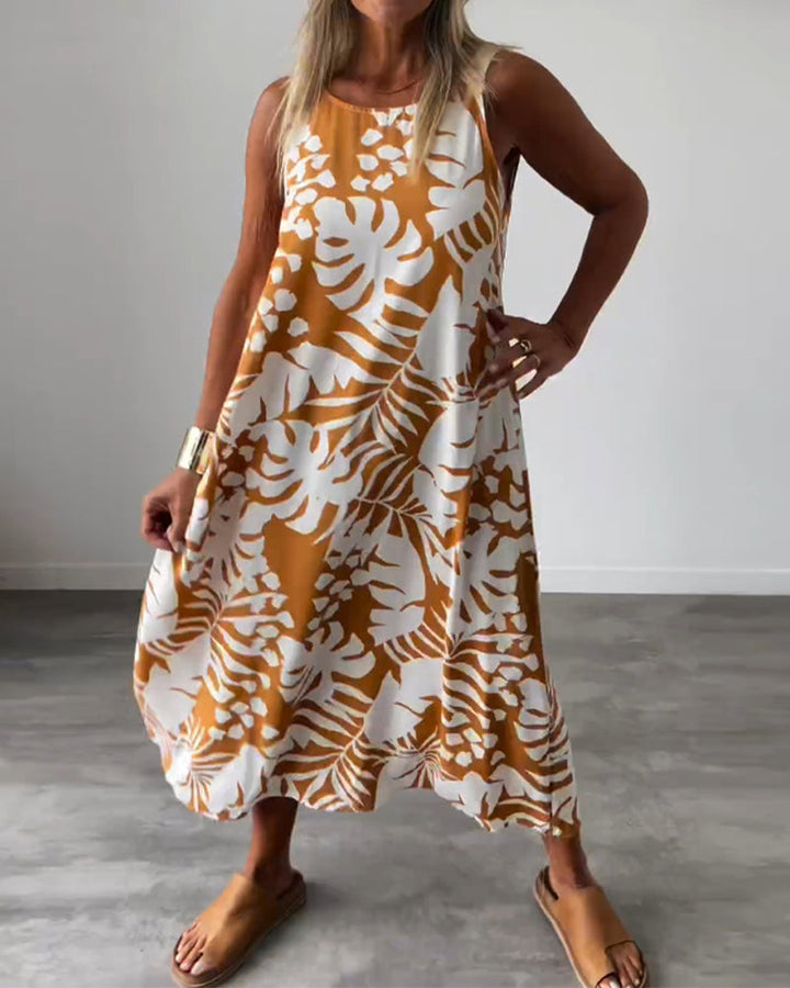 Lucy- Elegant Sleeveless Dress with Leaf Print