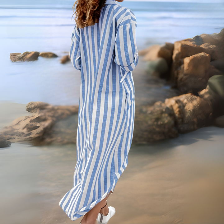 Joyce – Chic Cotton Dress with Stripes and V-Neckline