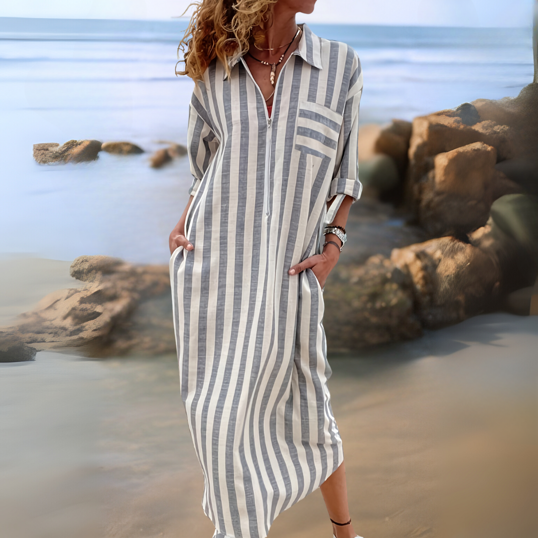 Joyce – Chic Cotton Dress with Stripes and V-Neckline