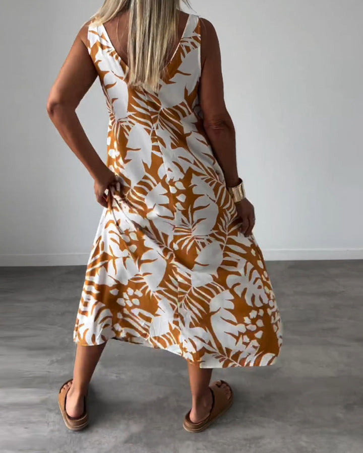 Lucy- Elegant Sleeveless Dress with Leaf Print