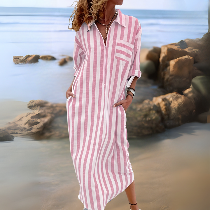 Joyce – Chic Cotton Dress with Stripes and V-Neckline