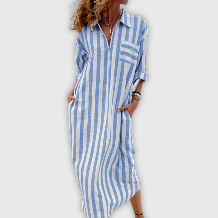 Joyce – Chic Cotton Dress with Stripes and V-Neckline