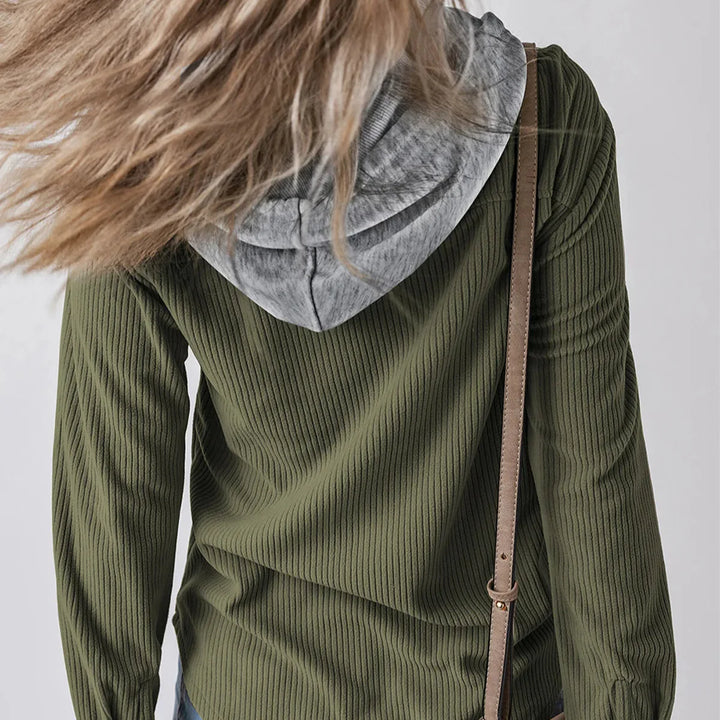 Denise - Ribbed Hooded Button Hoodie