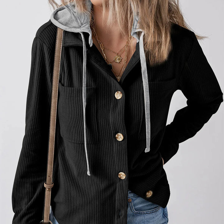 Denise - Ribbed Hooded Button Hoodie