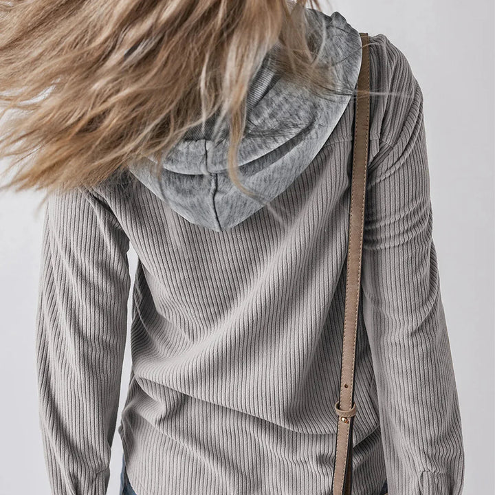 Denise - Ribbed Hooded Button Hoodie