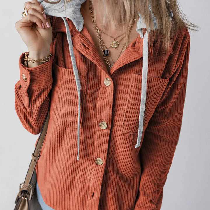 Denise - Ribbed Hooded Button Hoodie
