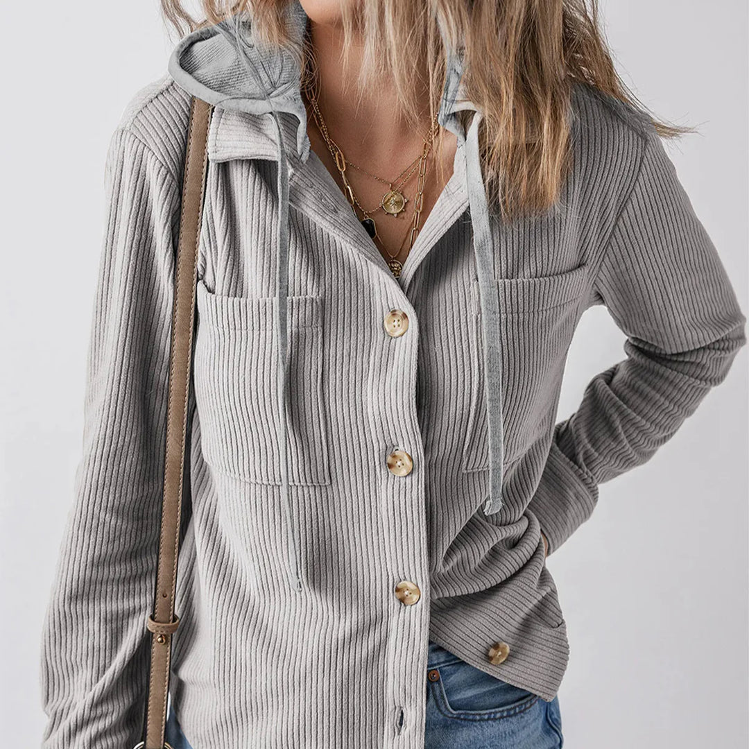 Denise - Ribbed Hooded Button Hoodie
