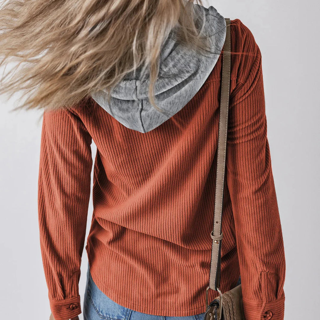 Denise - Ribbed Hooded Button Hoodie