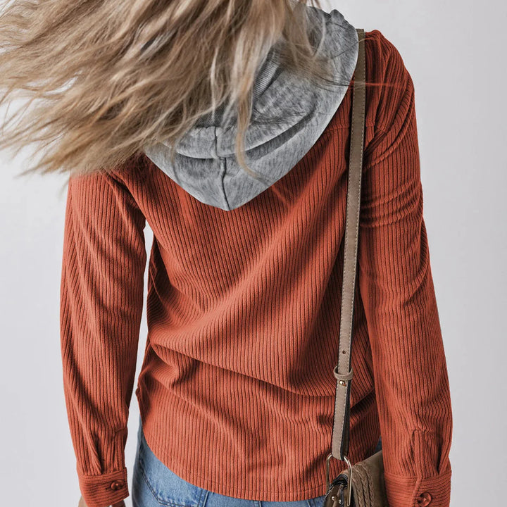 Denise - Ribbed Hooded Button Hoodie
