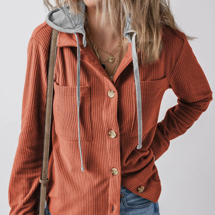 Denise - Ribbed Hooded Button Hoodie