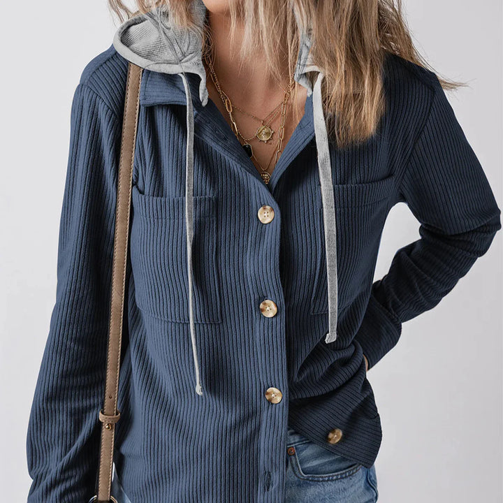 Denise - Ribbed Hooded Button Hoodie