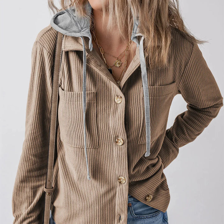 Denise - Ribbed Hooded Button Hoodie