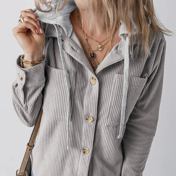 Denise - Ribbed Hooded Button Hoodie