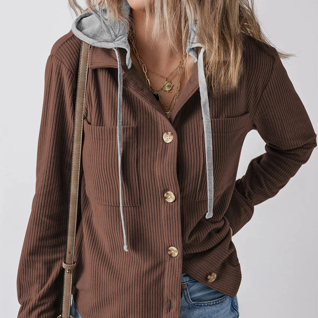 Denise - Ribbed Hooded Button Hoodie