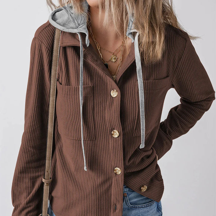 Denise - Ribbed Hooded Button Hoodie
