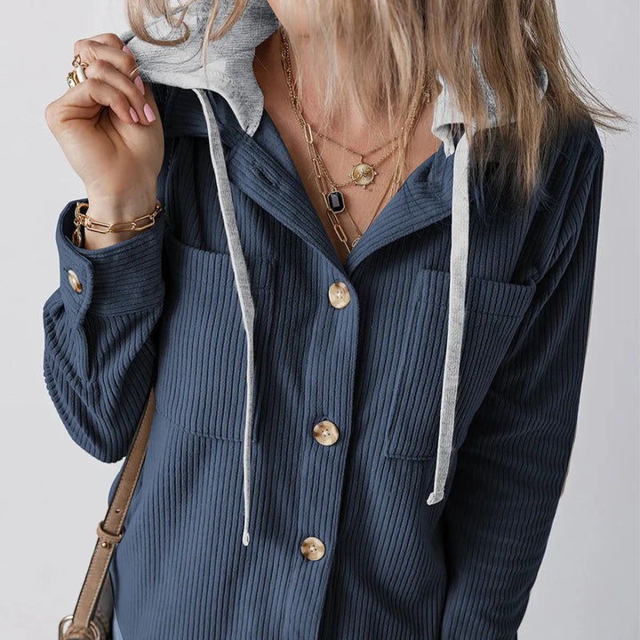 Denise - Ribbed Hooded Button Hoodie
