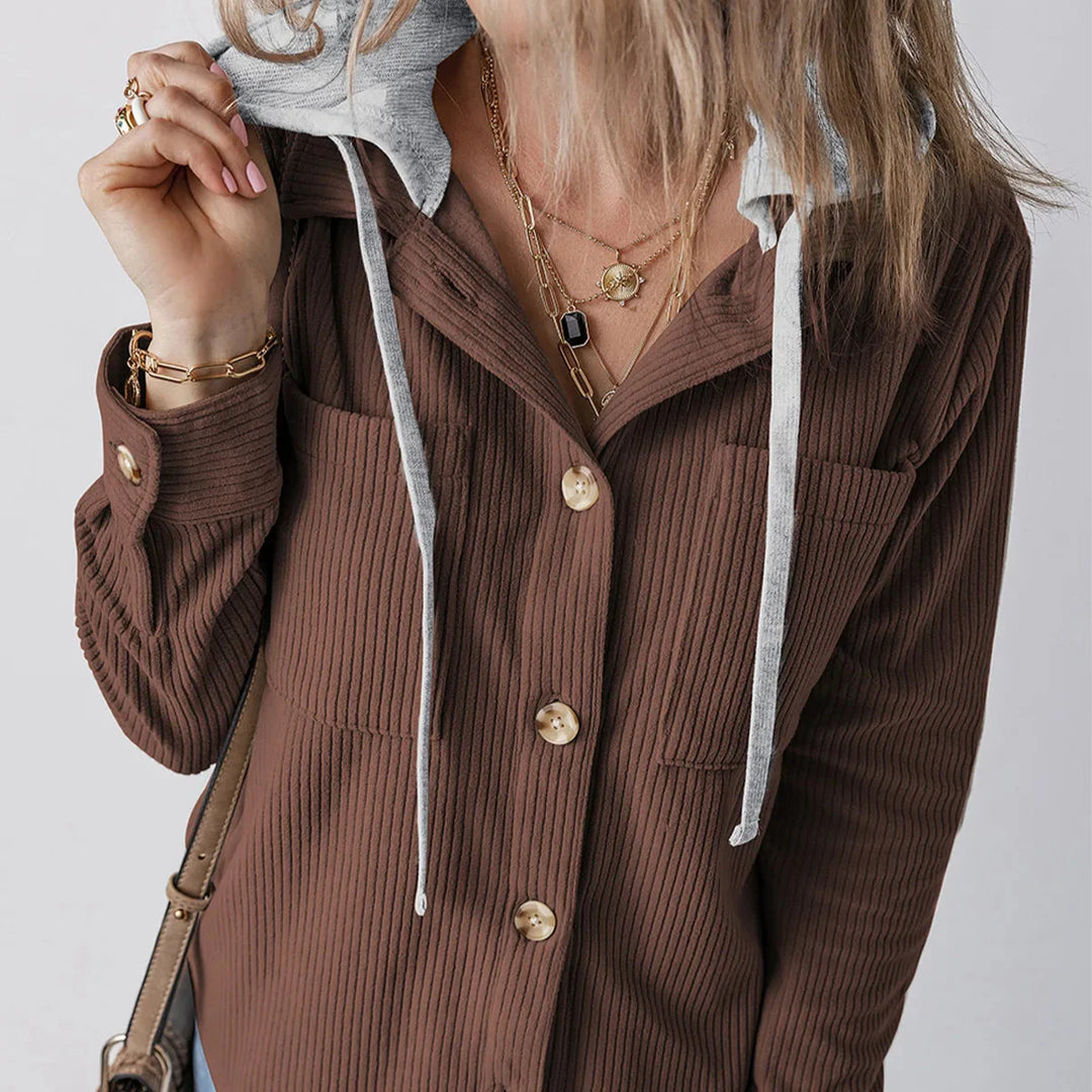 Denise - Ribbed Hooded Button Hoodie
