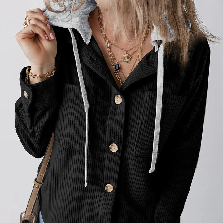 Denise - Ribbed Hooded Button Hoodie
