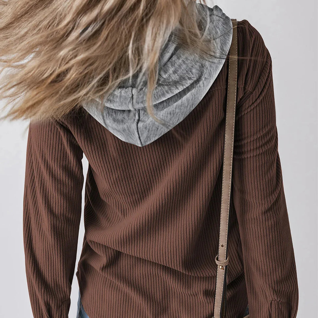 Denise - Ribbed Hooded Button Hoodie