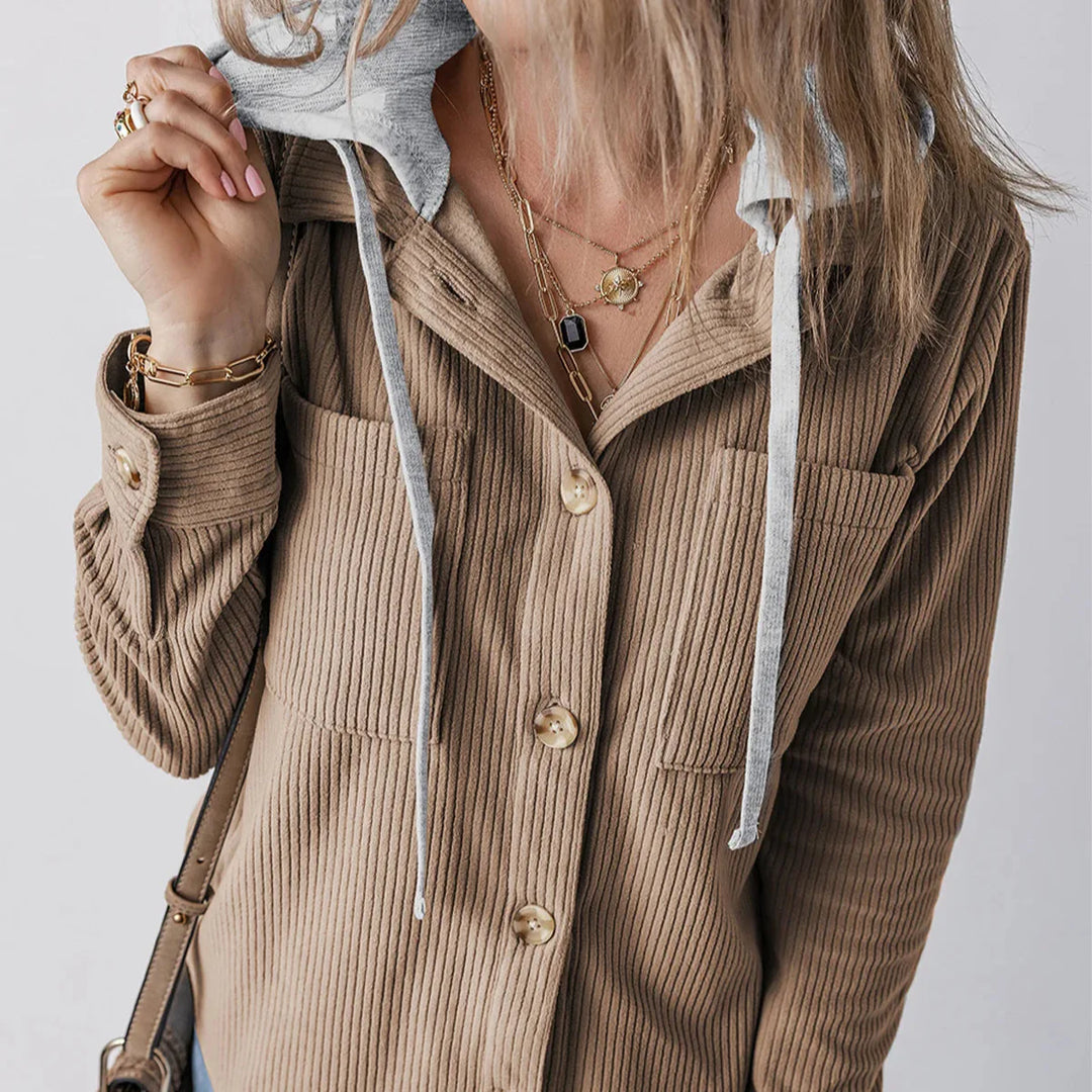 Denise - Ribbed Hooded Button Hoodie