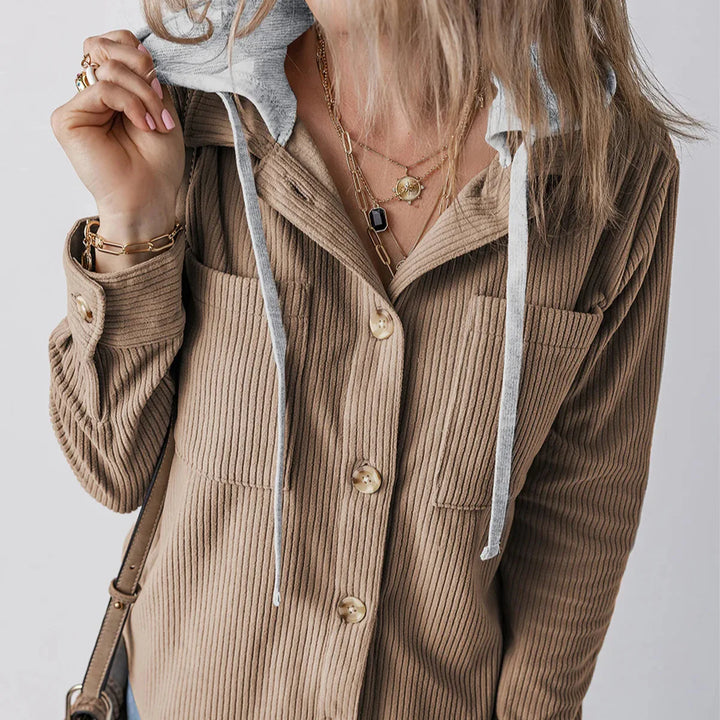 Denise - Ribbed Hooded Button Hoodie